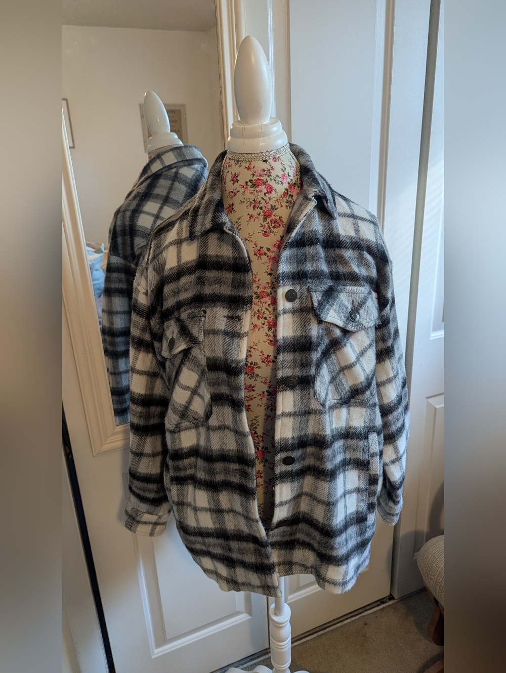 Zara Wool Plaid Overshirt Shacket Black White